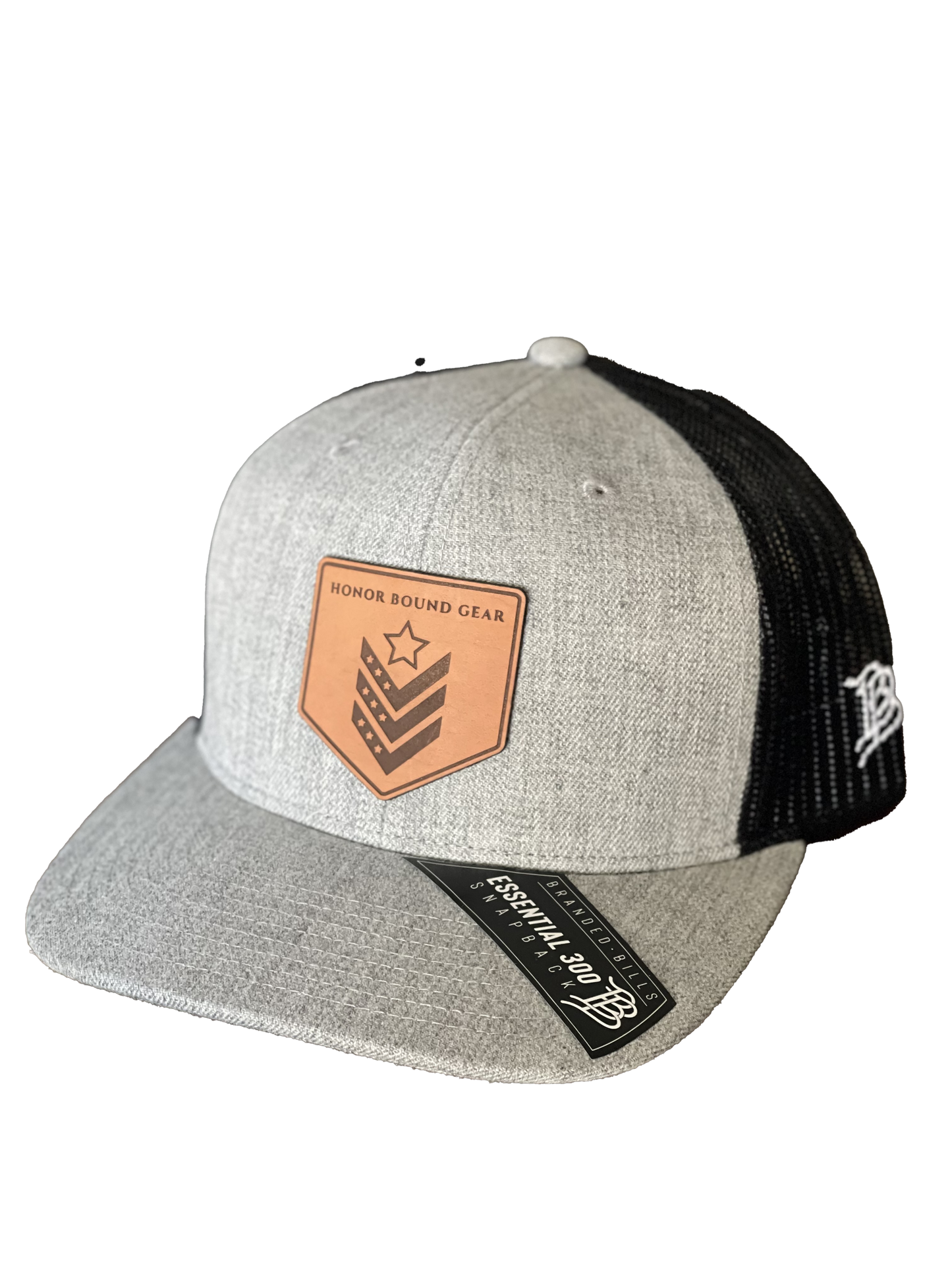 Honor Bound Gear Branded Bills Trucker Hat - Light Grey with Brown Leather Patch