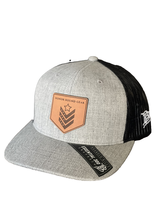 Honor Bound Gear Branded Bills Trucker Hat - Light Grey with Brown Leather Patch